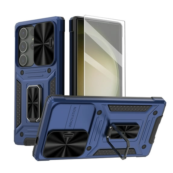 Dteck for Samsung Galaxy S24 Ultra Case with Slide Camera Cover+Screen Protector (1 Pack), Rotated Ring Kickstand Military Grade Shockproof Protective Cover,Blue