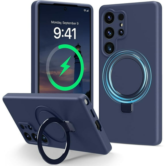 Dteck for Samsung Galaxy S24 Ultra Case with Stand, Slim Liquid Silicone Phone Cases for Samsung Galaxy S24 Ultra Compatible with MagSafe Magnetic Ring Kickstand Case Full Camera Protection,Navy Blue