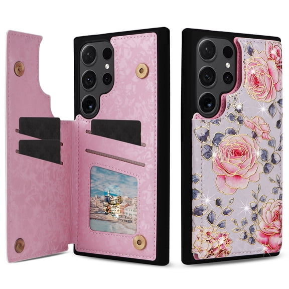 Dteck for Samsung Galaxy S24 Ultra Case Wallet with Card Holder, Floral Flower Pattern RFID Blocking PU Leather Kickstand Shockproof Flip Case for Women Girls,Double Magnetic Clasp,Rose