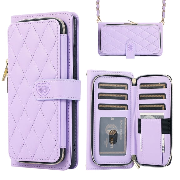 Dteck for Samsung Galaxy S24 Ultra Case Wallet Multi Zipper Purse with Card Holder Slots, Samsung S24 Ultra Flip Folio Case with Crossbody Wrist Strap for Women,Light Purple