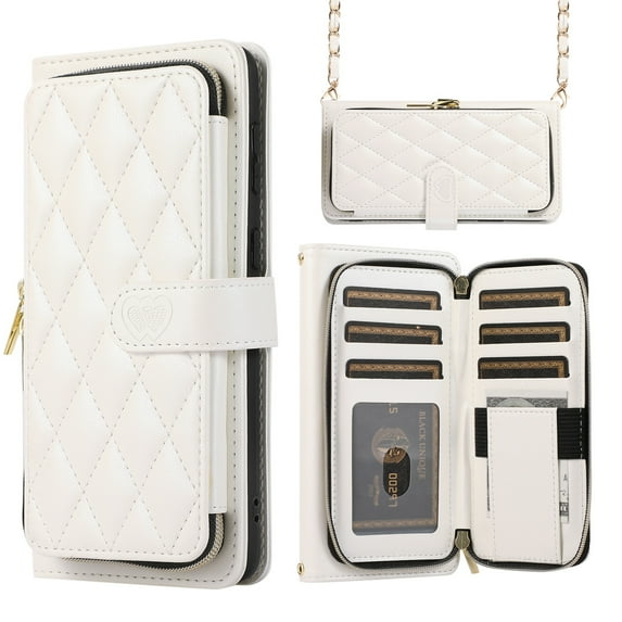 Dteck for Samsung Galaxy S24 Ultra Case Wallet Multi Zipper Purse with Card Holder Slots, Samsung S24 Ultra Flip Folio Case with Crossbody Wrist Strap for Women,White