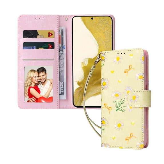 Dteck for Samsung Galaxy S24 Ultra Case Wallet with RFID Blocking Card Holder Kickstand, Gilding Flower Pattern Magnetic Leather Flip Case for Samsung Galaxy S24 Ultra 5G,Yellow Daisy