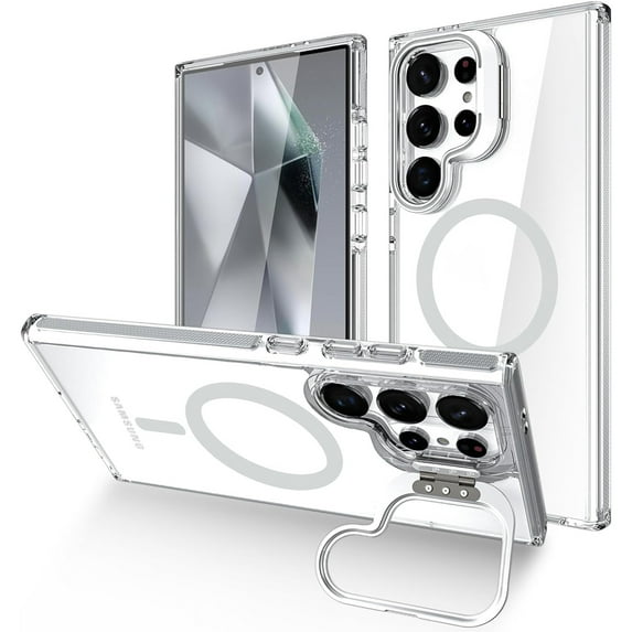 Dteck Samsung Galaxy S24 Ultra Clear Case with Camera Cover Stand,Military Grade Protection Compatible with MagSafe Slim Shockproof Magnetic Case Cover for Samsung Galaxy S24 Ultra ,White
