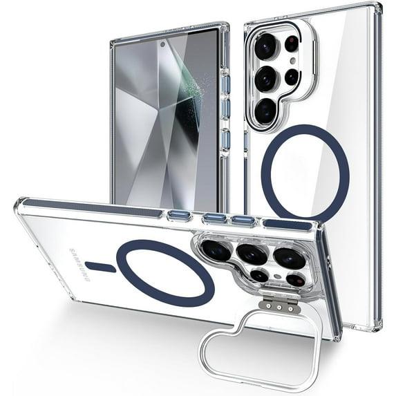 Dteck Samsung Galaxy S24 Ultra Clear Case with Camera Cover Stand,Military Grade Protection Compatible with MagSafe Slim Shockproof Magnetic Case Cover for Samsung Galaxy S24 Ultra ,Blue