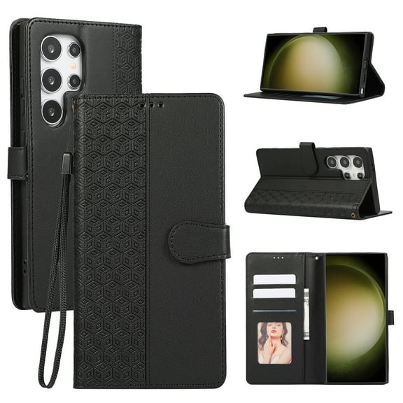 Dteck for Samsung Galaxy S24 Ultra Flip Wallet Case,Magnetic Leather Card Slots Pattern Case Shockproof TPU Kickstand Full Body Protection Cover with Wrist Strap for Galaxy S24 Ultra,Black