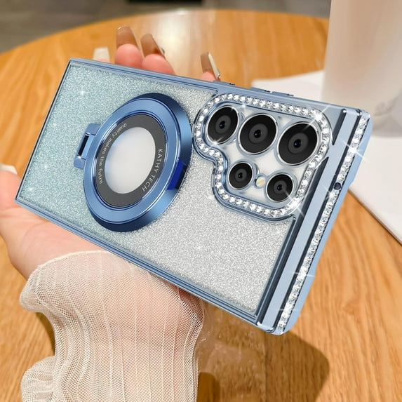 Dteck for Samsung Galaxy S24 Ultra Magnetic Case with Invisible Stand, Compatible with MagSafe, for Women Girls Luxury Bling Rhinestone Diamond Case for Samsung Galaxy S24 Ultra,Glitter Blue