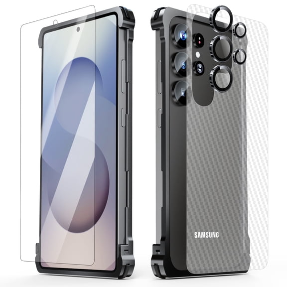 Dteck for Samsung Galaxy S24 Ultra Metal Bumper Case,Slim Fit Translucent Carbon Fiber Back Sticker Four Corners With Camera Lens Cover + Glass Screen Protector, Shockproof Cool Design,Black