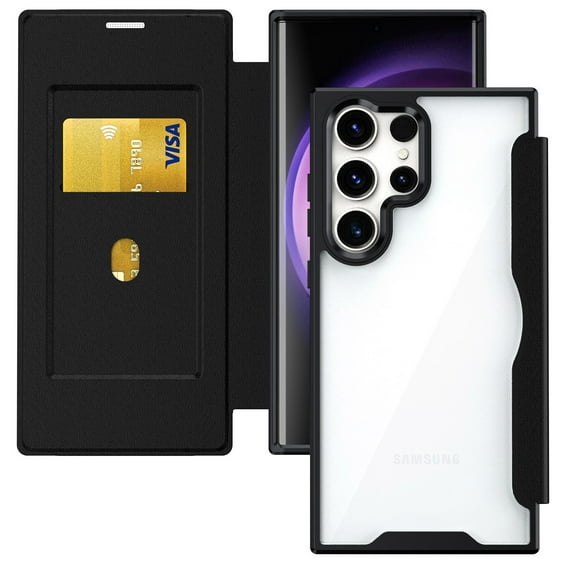 Dteck for Samsung Galaxy S24 Ultra Slim Clear Back Case, Luxury Shockproof Crystal Slim Thin PU Leather Folio Flip Case with Card Slot and Clear Soft TPU Back Cover, blue