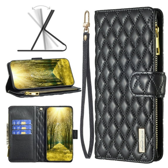 Dteck for Samsung Galaxy S24 Ultra Wallet Case with 3-Card Slot, Soft PU Leather Zipper Flip Folio with Wrist Strap Kickstand Protective Phone Cover for Samsung Galaxy S24 Ultra,Black