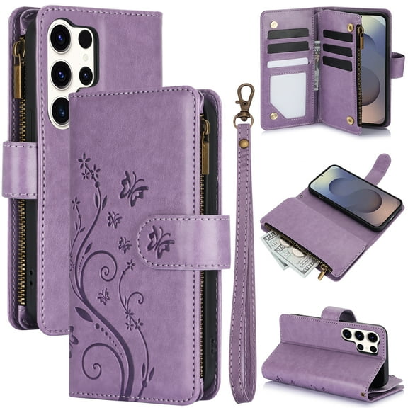 Dteck for Samsung Galaxy S24 Ultra Wallet Case, Embossed Butterfly PU Leather Phone Case Women Men Flip Cover Wrist Strap Zipper Credit Card Holder Slots for Samsung S24 Ultra 5G,Purple