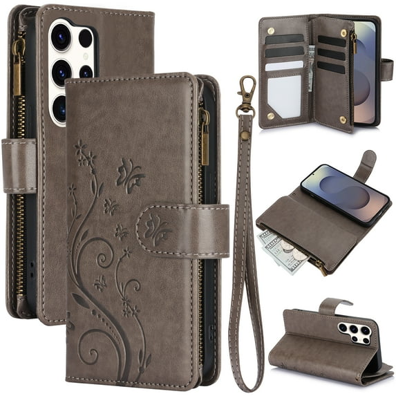 Dteck for Samsung Galaxy S24 Ultra Wallet Case, Embossed Butterfly PU Leather Phone Case Women Men Flip Cover Wrist Strap Zipper Credit Card Holder Slots for Samsung S24 Ultra 5G,Gray