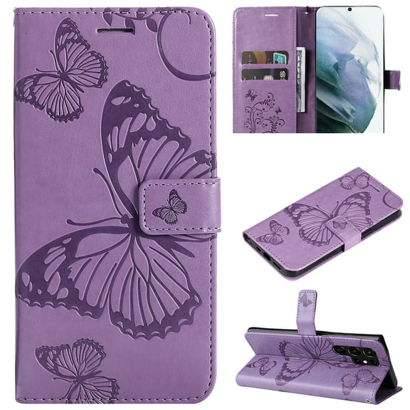 Dteck for Samsung Galaxy S24 UltraWallet Purse Case, Women Flip Folio Cover with Butterfly Embossed PU Leather Kickstand Credit Card Holder Slots Magnetic Wrist Strap, Purple