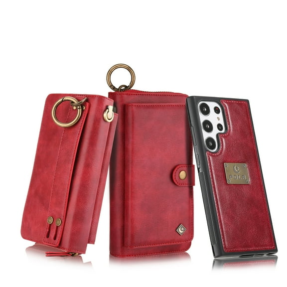 Dteck for Samsung Galaxy S24 Wallet Case, 2 in 1 Leather Zipper Purse Detachable Magnetic 14 Card Slots Money Pocket Clutch Cover for Samsung Galaxy S24 6.1",Red
