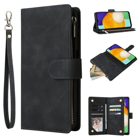 Dteck for Samsung Galaxy S24 Wallet Case,Soft Leather Zipper Wallet Case Magnetic Buckle Flip Cover with 5 Card Slots/Photo Pocks/Lanyard Strap for Samsung Galaxy S24,Black