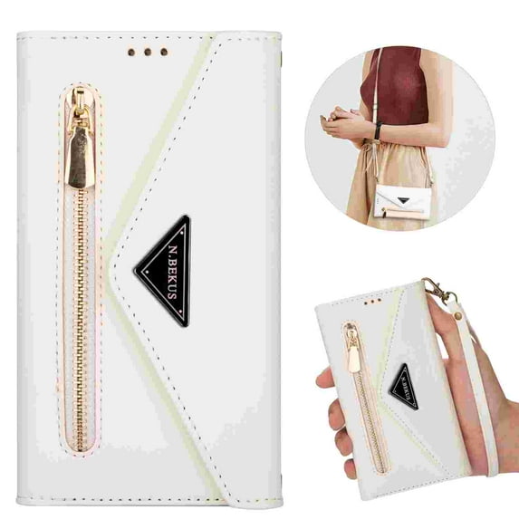 Dteck for Samsung Galaxy S25+ Case with Crossbody Strap, Galaxy S25 + Plus Wallet Phone Case with Wrist Strap Credit Card Slots Zipper Pocket, PU Leather Folio Stand Cover,White