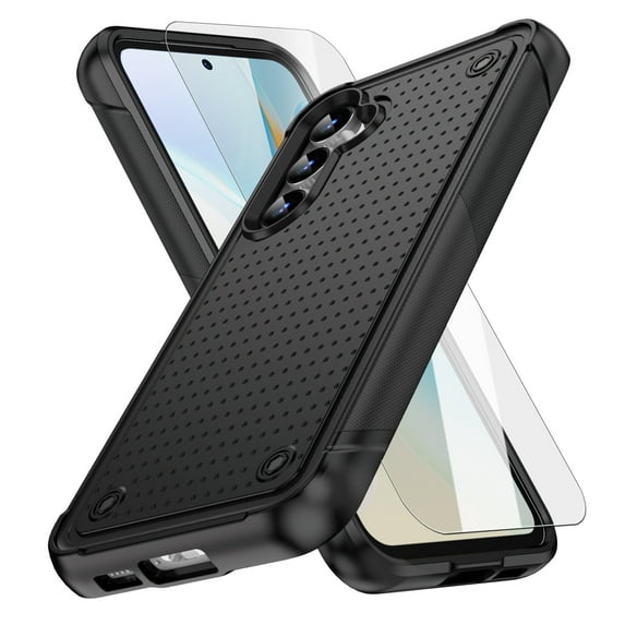 Dteck for Samsung Galaxy S25 Case with Glass Screen Protector, Militay Grade Drop Protective Rugged Heavy Duty Cover Shockproof Case for Galaxy S25 Phone Case for Women Men boy Girl, Black