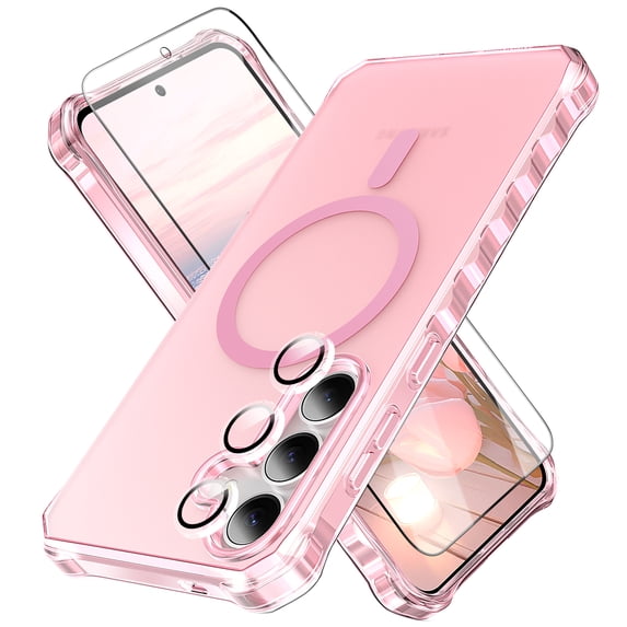 Dteck for Samsung Galaxy S25 Case with Screen Protector Camera Lens Protector, Compatible with MagSafe, Non-Yellowing Drop Protection Frosted Translucent Full Body Cover for Galaxy S25,Pink