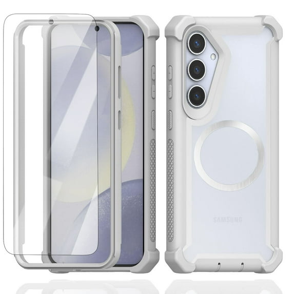 Dteck for Samsung Galaxy S25+ Case with Screen Protector & Metal Magnetic Wireless Charging MagSafe Ring Sticker, Dual Layer Shockproof TPU Bumper Phone Case for Samsung S25 Plus,Gray