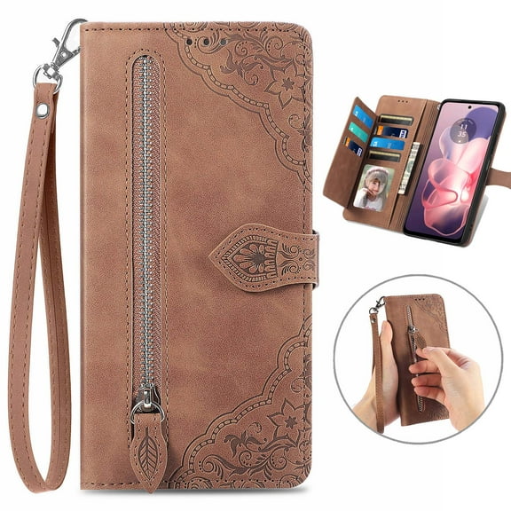 Dteck for Samsung Galaxy S25 Edge Case Wallet with Card Holder Slots & Zipper Pocket, Embossed PU Leather Flip Cover with Wrist Strap for Galaxy S25 edge 2025,Brown