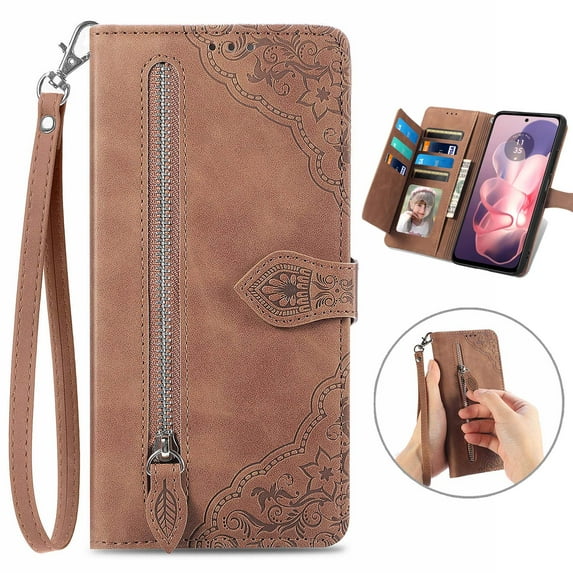 Dteck for Samsung Galaxy S25 Edge Case Wallet with Card Holder Slots & Zipper Pocket, Embossed PU Leather Flip Cover with Wrist Strap for Galaxy S25 edge 2025,Brown