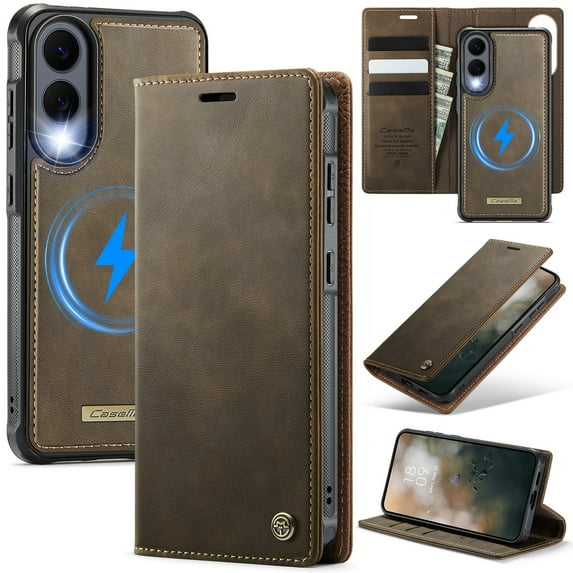 Dteck For Samsung Galaxy S25 Edge Magnetic Detachable Wallet Case, Shockproof PU Leather TPU Flip Stand with Card & Cash Slot Wireless Charging Anti-Scratch Cover, Coffee
