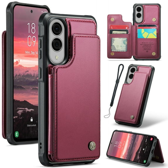 Dteck for Samsung Galaxy S25 Edge Wallet Case with Card Holder & Wrist Strap, RFID Blocking Credit Slots Kickstand Shockproof Phone Cover for Women Men,Winered