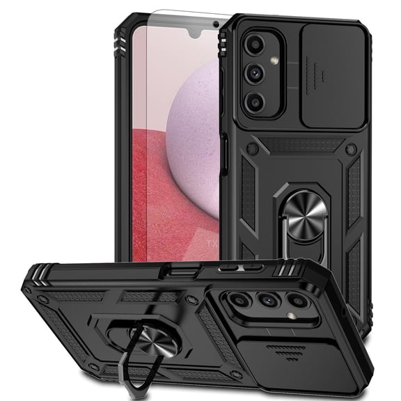 Dteck for Samsung Galaxy S25 FE Case with Camera Cover HD Screen Protector, Impact Resistant Magnetic Ring Holder Kickstand Rugged Protective Phone Case for Galaxy S25 FE,Black