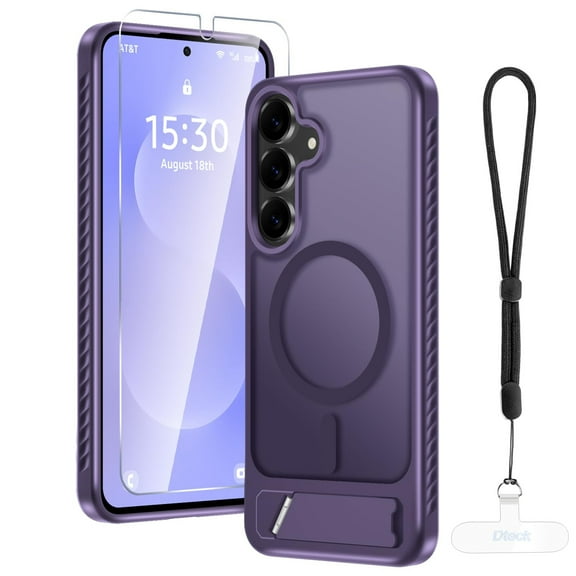 Dteck for Samsung Galaxy S25 FE Case with Screen Protector+Lanyard Wrist Strap,Compatible with MagSafe, Magnetic Translucent Matte Rugged Slim Phone Cover Built in Invisible Kickstand,Purple