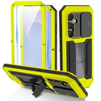 Dteck for Samsung Galaxy S25 FE Case with Slide Camera Protection, Military-Grade Drop Protection Heavy Duty Metal Silicone Protective Cover with Glass Screen Protector Kickstand,Yellow