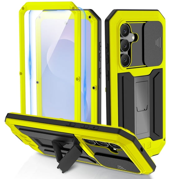 Dteck for Samsung Galaxy S25 FE Case with Slide Camera Protection, Military-Grade Drop Protection Heavy Duty Metal Silicone Protective Cover with Glass Screen Protector Kickstand,Yellow