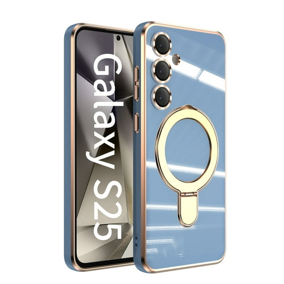 Dteck for Samsung Galaxy S25 FE Plating Case with Magnetic Ring Stand, Compatible with MagSafe Accessory, Full Camera Lens Protector Bumper Shockproof Phone Cover, Blue