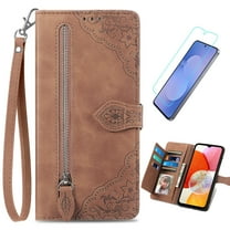 Dteck for Samsung Galaxy S25 FE Wallet Case with Card Holder, Embossed PU Leather Phone Case Flip Protective Cover HD Glass Screen Protector Wrist Strap Zipper Pocket Kickstand Men Women,Brown