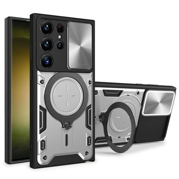 Dteck for Samsung Galaxy S25 with Magnetic Ring Kickstand, Shockproof Rugged Heavy Duty Armor with Slide Lens Protection Cover Case for Car Mount Holder, Silver