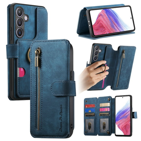 Dteck for Samsung Galaxy S25 Plus/S25+ Wallet Case with RFID Blocking Credit Card Holder Zipper Pocket, Retro PU Leather Flip Folio Shockproof Cover with Ring Holder Women Men for Samsung S25+,Blue