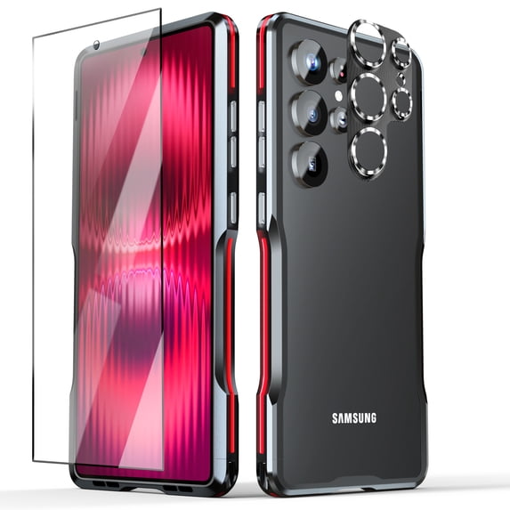 Dteck for Samsung Galaxy S25 Ultra Case, 3 in 1 Shock Absorption Slim Fit Bumper Metal Cover with Tempered Glass Screen Protector Camera Lens Protector for Samsung Galaxy S25 Ultra 6.9" 2025,Red