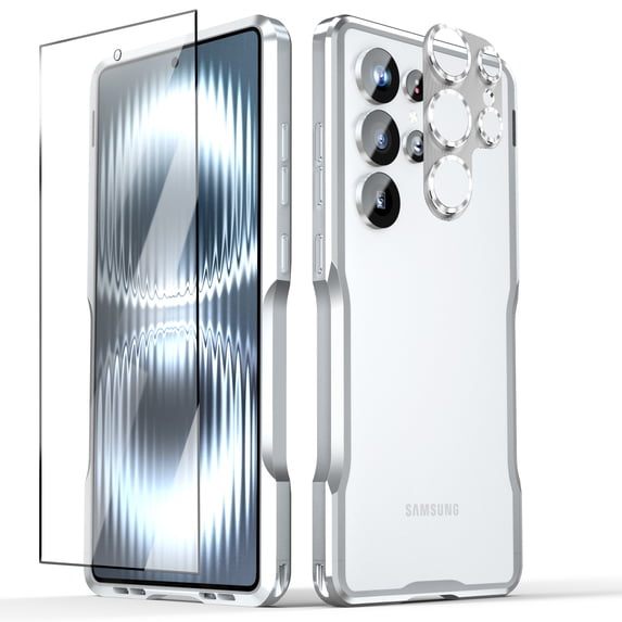 Dteck for Samsung Galaxy S25 Ultra Case, 3 in 1 Shock Absorption Slim Fit Bumper Metal Cover with Tempered Glass Screen Protector Camera Lens Protector for Samsung Galaxy S25 Ultra 6.9" 2025,Silver