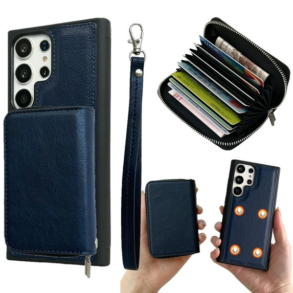 Dteck for Samsung Galaxy S25 Ultra Case Detachable Wallet Case with 11-Card Holder,2 in 1 PU Leather Zipper Purse with Wristlet for Women Men,Durable Shockproof Phone Cover,Blue