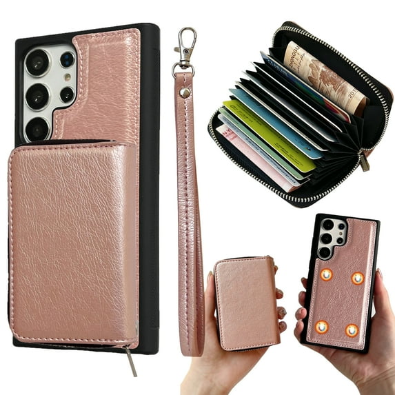 Dteck for Samsung Galaxy S25 Ultra Case Detachable Wallet Case with 11-Card Holder,2 in 1 PU Leather Zipper Purse with Wristlet for Women Men,Durable Shockproof Phone Cover,Rosegold