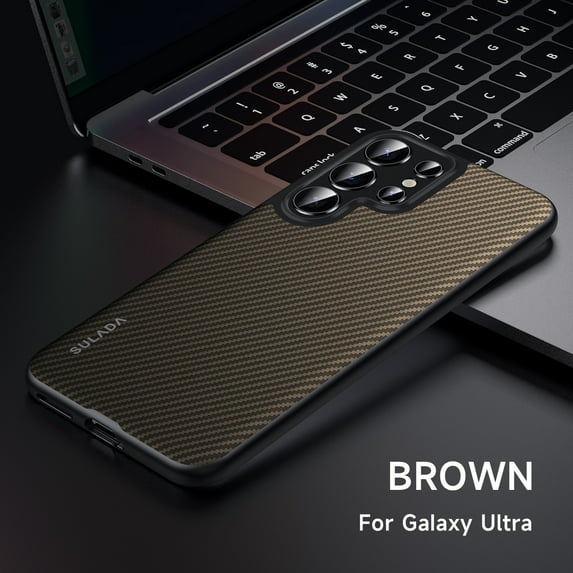 Dteck for Samsung Galaxy S25 Ultra Case, Magnetic Carbon Fiber Texture Thin Slim Fit Shockproof Hybrid Hard PC Back Drop Protection Lightweight Protective Case Cover, Brown