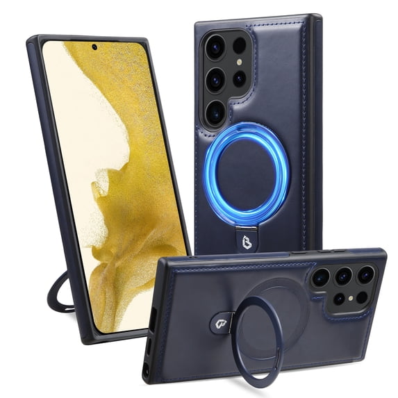 Dteck for Samsung Galaxy S25 Ultra Case with Magnetic Invisible Ring Stand, Leather Business Phone Case for Samsung S25 Ultra Compatible with Mag Safe Shockproof Classic Slim Cover for Women Men,Blue