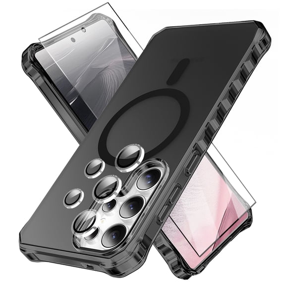 Dteck for Samsung Galaxy S25 Ultra Case with Screen Protector Camera Lens Protector, Compatible with MagSafe, Non-Yellowing Drop Protection Frosted Translucent Full Body Cover for S25 Ultra,Black
