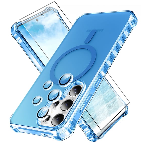 Dteck for Samsung Galaxy S25 Ultra Case with Screen Protector Camera Lens Protector, Compatible with MagSafe, Non-Yellowing Drop Protection Frosted Translucent Full Body Cover for S25 Ultra,Blue