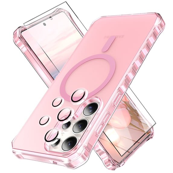 Dteck for Samsung Galaxy S25 Ultra Case with Screen Protector Camera Lens Protector, Compatible with MagSafe, Non-Yellowing Drop Protection Frosted Translucent Full Body Cover for S25 Ultra,Pink
