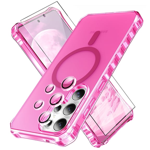 Dteck for Samsung Galaxy S25 Ultra Case with Screen Protector Camera Lens Protector, Compatible with MagSafe, Non-Yellowing Drop Protection Frosted Translucent Full Body Cover for S25 Ultra,Rose