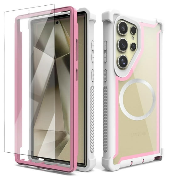 Dteck for Samsung Galaxy S25 Ultra Case with Screen Protector & Metal Magnetic Wireless Charging MagSafe Ring Sticker, Dual Layer Shockproof TPU Bumper Phone Case for Samsung S25 Ultra,Pink White
