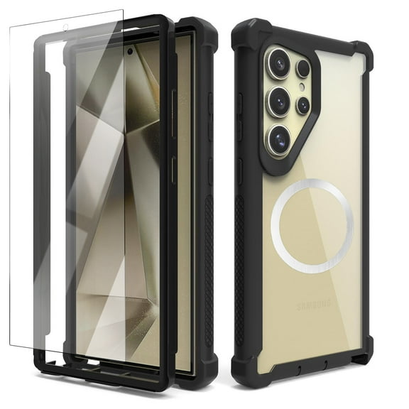 Dteck for Samsung Galaxy S25 Ultra Case with Screen Protector & Metal Magnetic Wireless Charging MagSafe Ring Sticker, Dual Layer Shockproof TPU Bumper Phone Case for Samsung S25 Ultra,Black