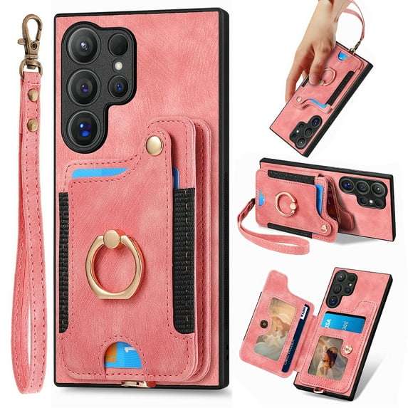 Dteck for Samsung Galaxy S25 Ultra Case Wallet with Card Holder, RFID Blocking PU Leather Protective Case with Ring Holder Stand Wrist Strap for Samsung Galaxy S25 Ultra 6.9 Inch 2025,Pink