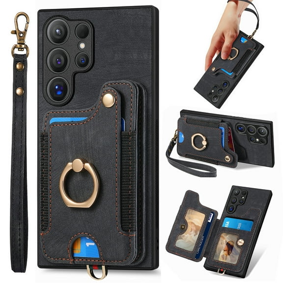 Dteck for Samsung Galaxy S25 Ultra Case Wallet with Card Holder, RFID Blocking PU Leather Protective Case with Ring Holder Stand Wrist Strap for Samsung Galaxy S25 Ultra 6.9 Inch 2025,Black