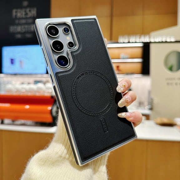 Dteck for Samsung Galaxy S25 Ultra Magnetic Case, Shockproof PU Leather Compatible with Magsafe Wireless Charging Cover Stand Rugged Hard Slim Back Phone Case, Black