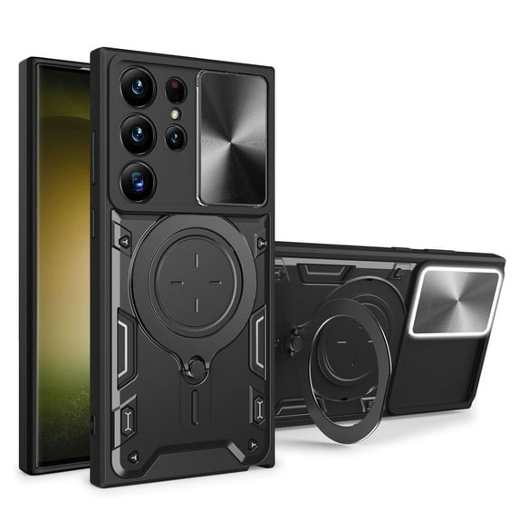Dteck for Samsung Galaxy S25 Ultra with Magnetic Ring Kickstand, Shockproof Rugged Heavy Duty Armor with Slide Lens Protection Cover Case for Car Mount Holder, Black